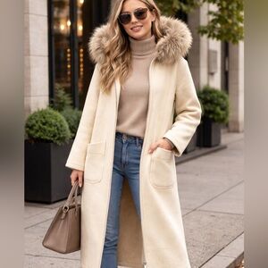 Long Cream Trench Coat with Faux Fur Hood